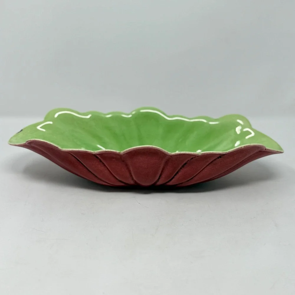 Cemar 662 Vintage Scalloped Ceramic Bowl Burgundy Green California Pottery MCM